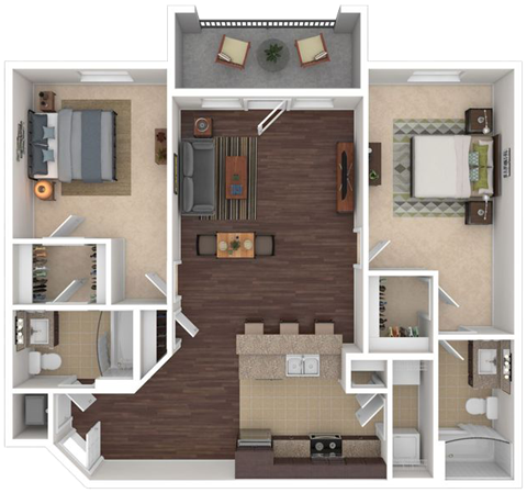 Floor plan for 2 beds, 2 baths, 1055 sqft